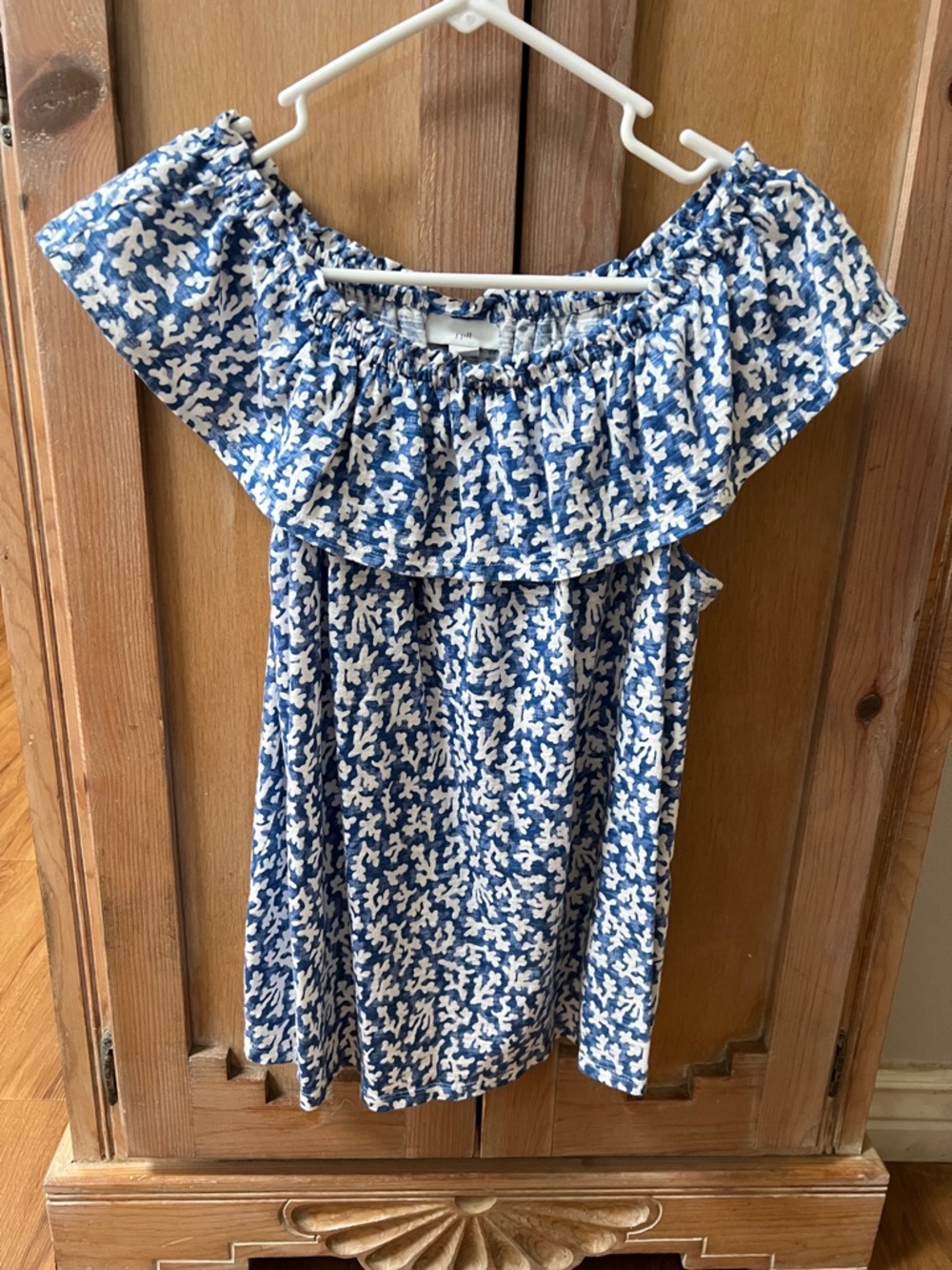 J. Jill Blue and White Off-Shoulder Ruffle Blouse